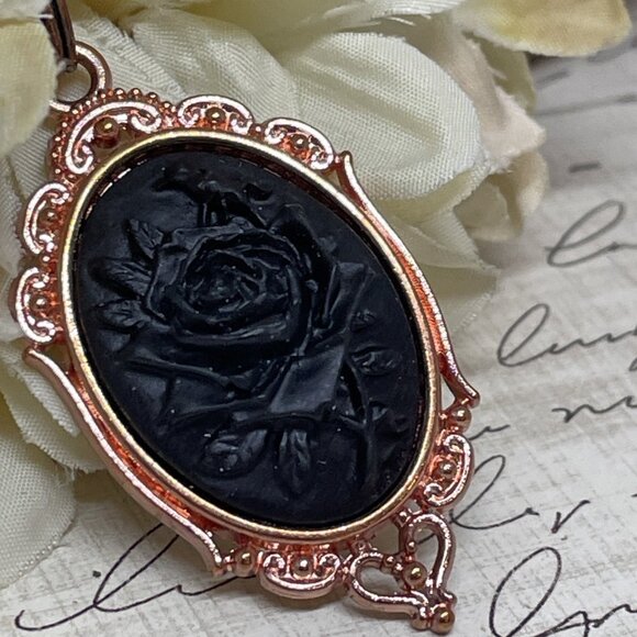 Gothic Steampunk Halloween Rose Gold Necklace Black Rose Cameo Witch Jewelry New - Picture 6 of 16